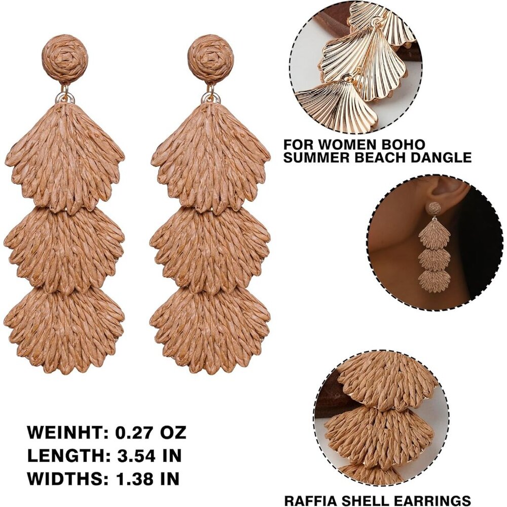 Fashion-Forward Raffia Shell Dangle Earrings - Pe… - image 6